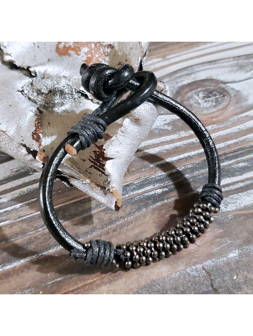 Handcrafted India Thick Black Goat Leather Vintage Gunmetal Beads Bracelet